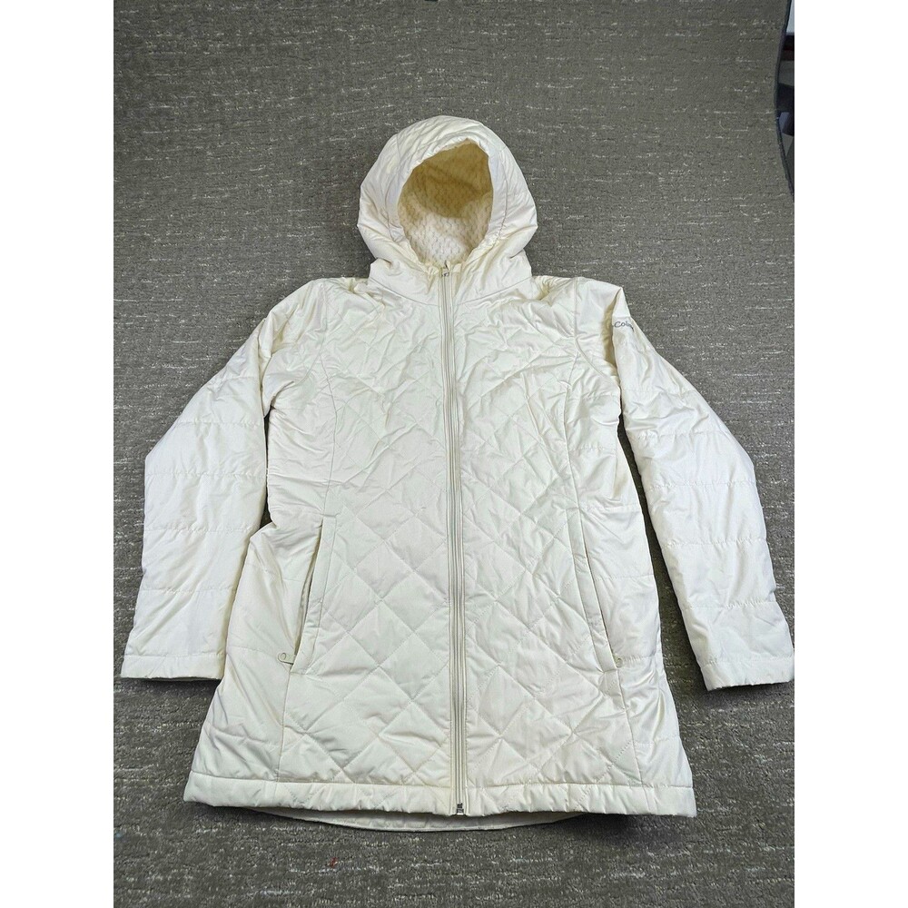 Women’s Columbia L large White Hooded Quilted sherpa Full Zip Mid puffer Jacket